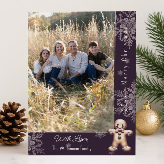 Charming Gingerbread Man | Lila Fotokort Julkort (Purple Charming Gingerbread Man Holiday Photo Card)