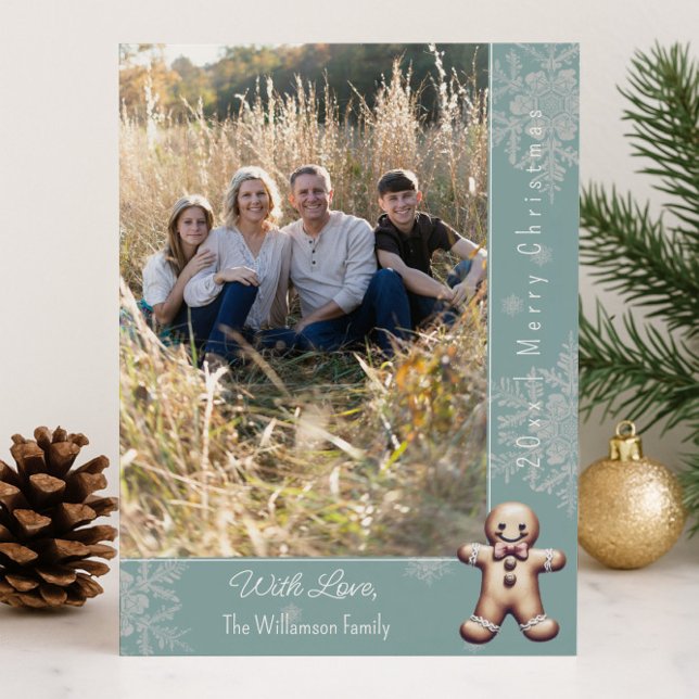 Charming Gingerbread Man | Teal Fotokort Julkort (Teal Charming Gingerbread Man Holiday Photo Card)