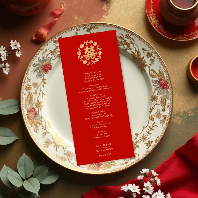Charming Glitter Floral Chinese Double Happiness Meny (Charming Glitter Effect Floral Chinese Double Happiness Symbol Elegant Menu Cards Design.)