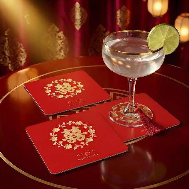 Charming Glitter Floral Chinese Double Happiness Underlägg Papper Kvadrat (Charming Glitter Effect Floral Chinese Double Happiness Symbol Elegant Square Paper Coaster Design. )