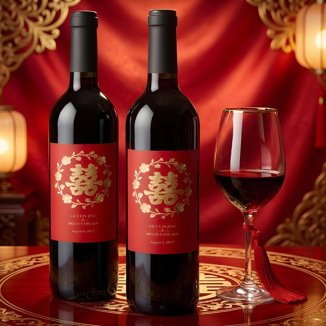 Charming Glitter Floral Chinese Double Happiness Vinflaska Etikett (Charming Glitter Effect Floral Chinese Double Happiness Symbol Elegant Wine Labels Design.)
