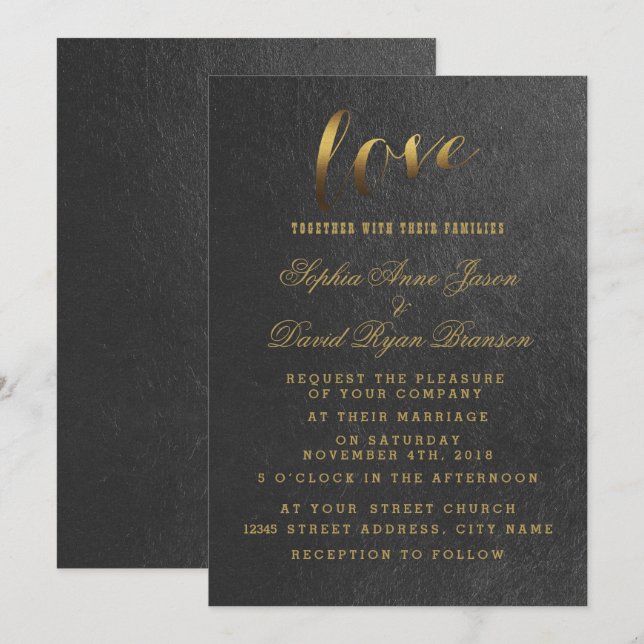 Charming Gold Foil Black Wedding bjudande Inbjudningar (Fram/baksida)