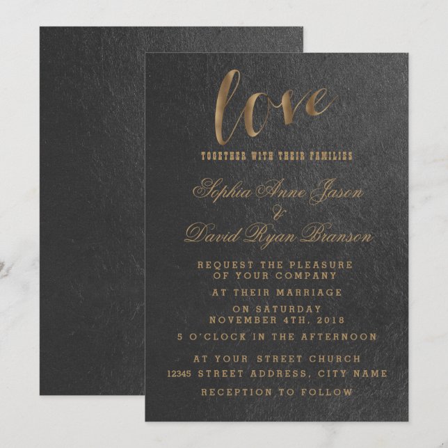 Charming Gold Foil Black Wedding bjudande Inbjudningar (Fram/baksida)