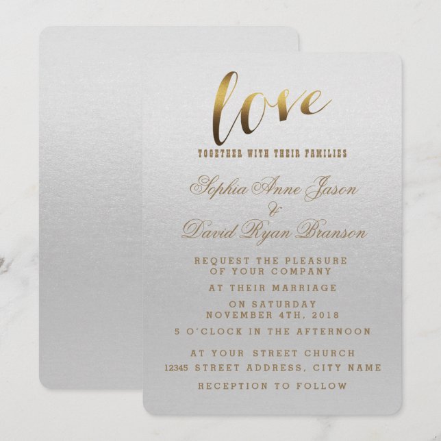 Charming Gold Foil Grunge Grått Wedding bjudande Inbjudningar (Fram/baksida)