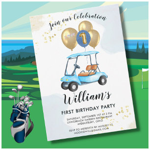 Charming Golf Cart First Birthday Boy Inbjudningar