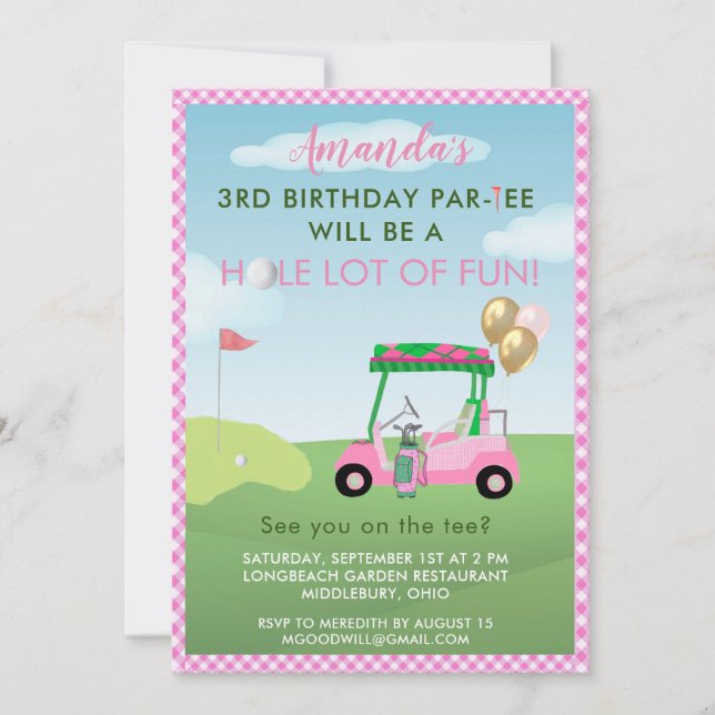 Charming Golf Rosa Girl 3 rd Birthday Par-Tee Inbjudningar (Framsida)