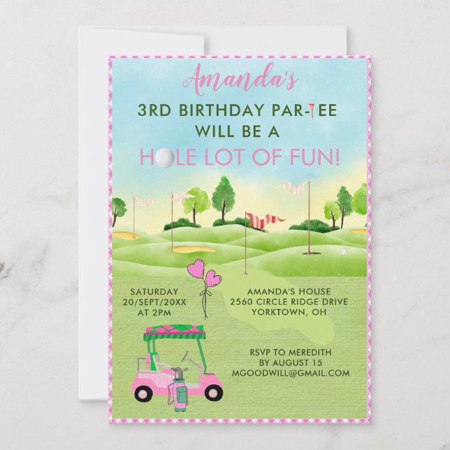 Charming Golf Rosa Girl 3 rd Birthday Par-Tee Inbjudningar (Framsida)
