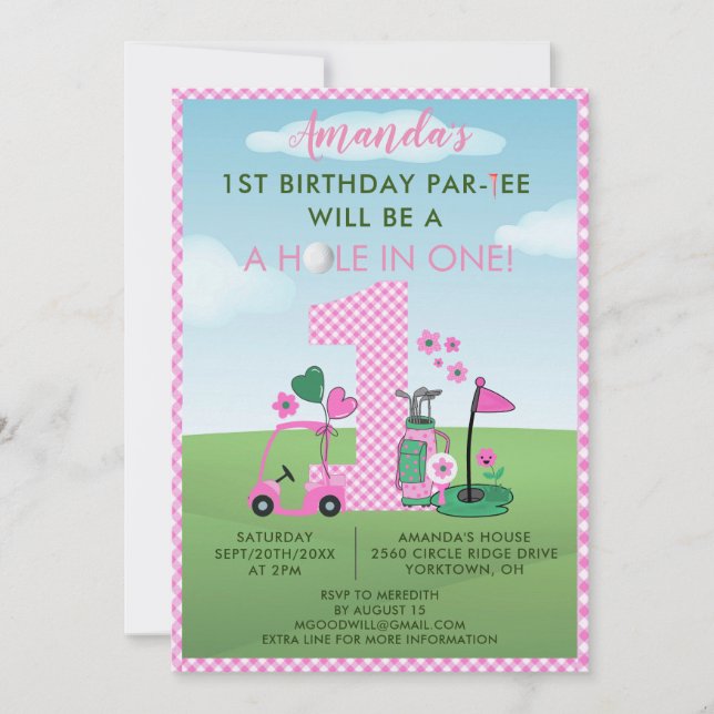 Charming Golf Rosa Girl Girl 1:a Birthday Par-Tee Inbjudningar (Framsida)
