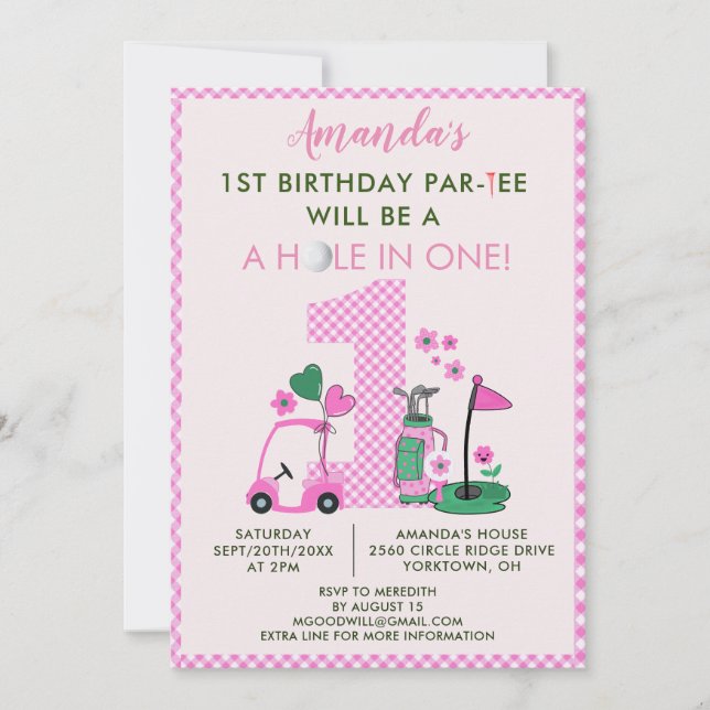 Charming Golf Rosa Girl Girl 1:a Birthday Par-Tee Inbjudningar (Framsida)