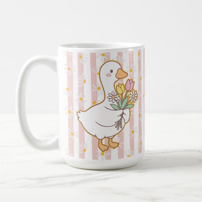 Charming Goose with Pink and Yellow Flowers Mug Kaffemugg (Vänster)