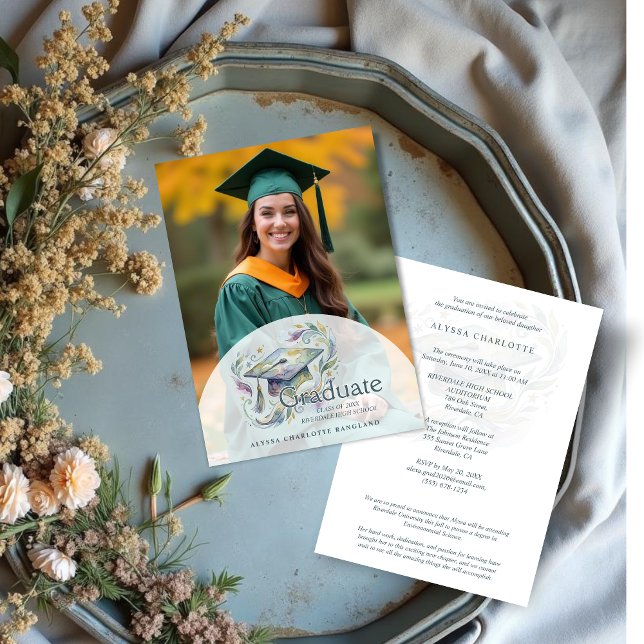 Charming Graduate Cap Blue and Green Shades Inbjudningar (Charming Graduate Cap Blue and Green Shades Watercolor Effect Photo Graduation Invitation Card.)