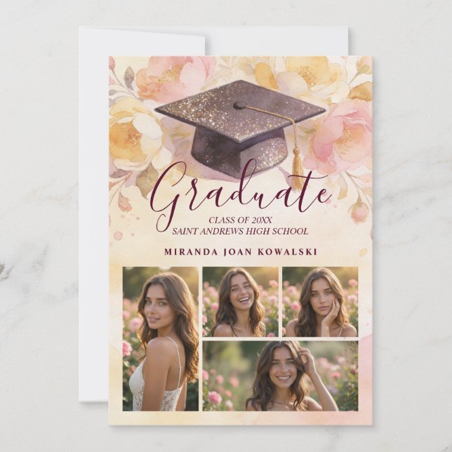 Charming Graduation Cap 5-Photo Collage Floral Inbjudningar (Framsida)