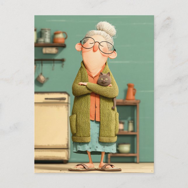 Charming Grandma och Hennes katt Helg Vykort (Framsida)
