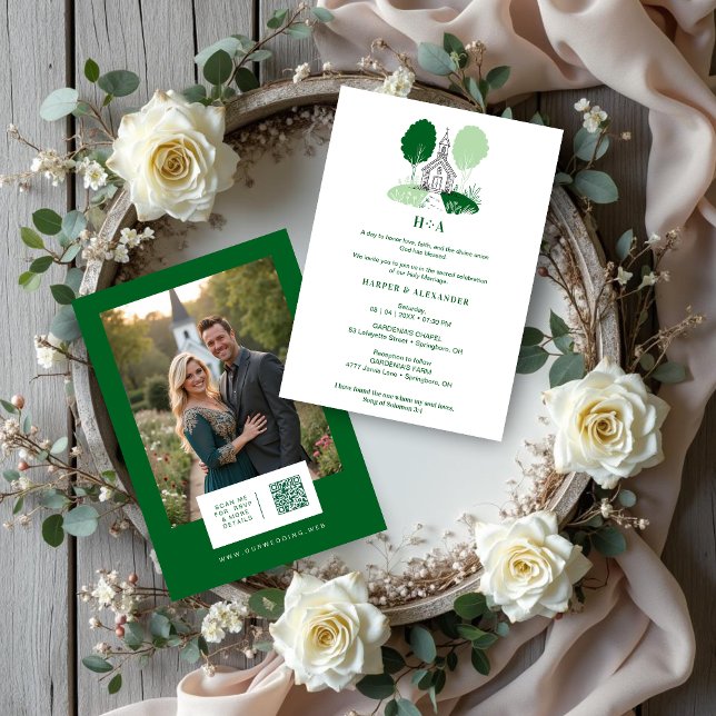 Charming Green Church Illustration Christian Inbjudningar (Charming Green Shades Church Illustration Christian Wedding Invitation Cards with Back Photo.)