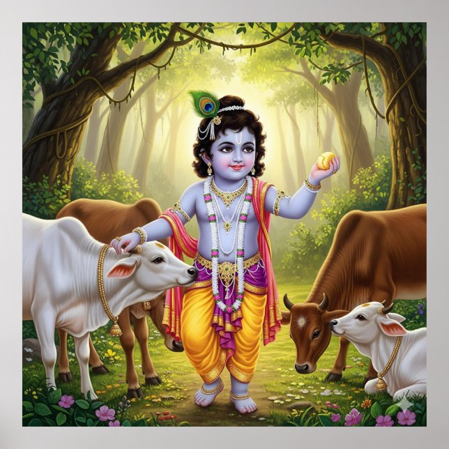 Charming Grönt Pastoral Bala Krishna with Calves Poster (Framsidan)