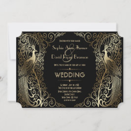 Charming Guld Art Deco Peacocks Bröllop Inbjudningar
