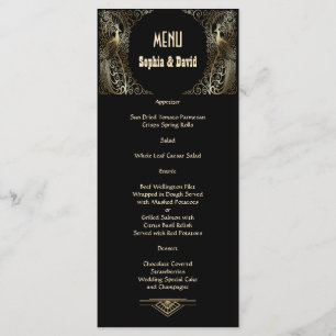 Charming Guld Art Deco Peacocks Bröllop Menu Meny
