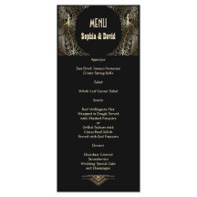 Charming Guld Art Deco Peacocks Bröllop Menu