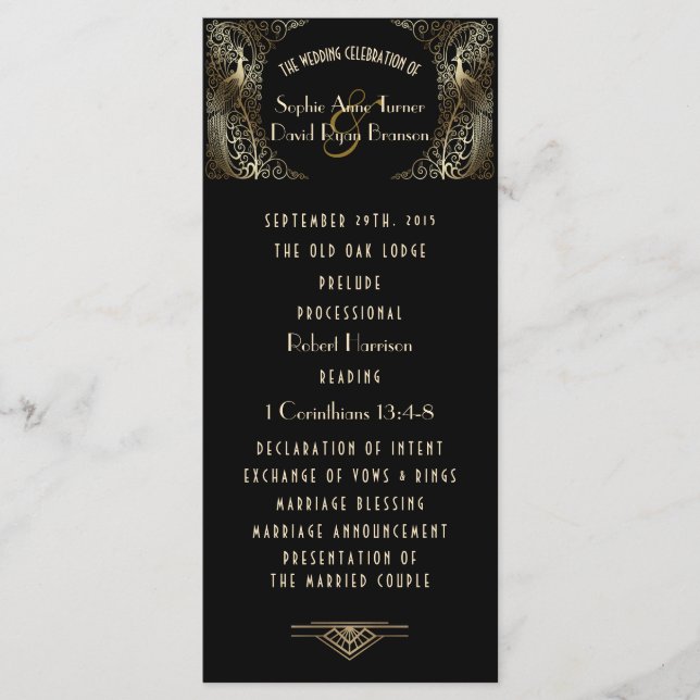 Charming Guld Art Deco Peacocks Bröllopsprogram Meny (Framsida)