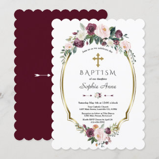 Charming Guld Burgundy Blommigt Baptism Inbjudningar
