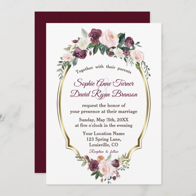 Charming Guld Burgundy  Blommigt Bröllop Inbjudningar (Fram/baksida)