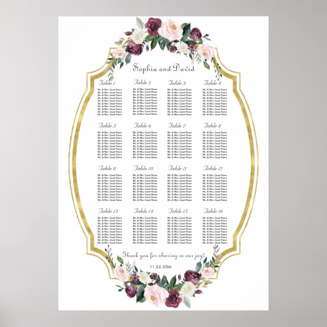 Charming Guld Burgundy  Blommigt Sittdiagram Poster (Framsidan)
