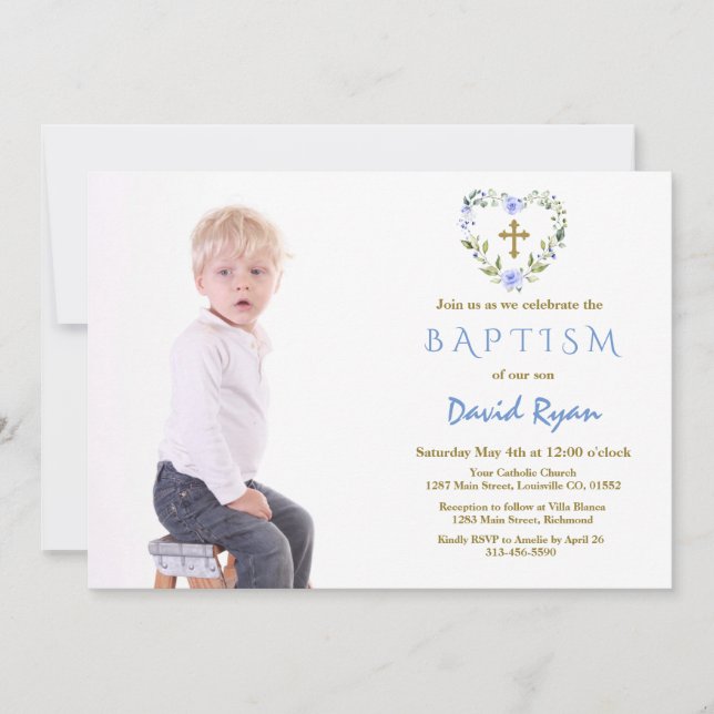 Charming Guld Kor Blommigt Boy Photo Baptism Inbjudningar (Framsida)