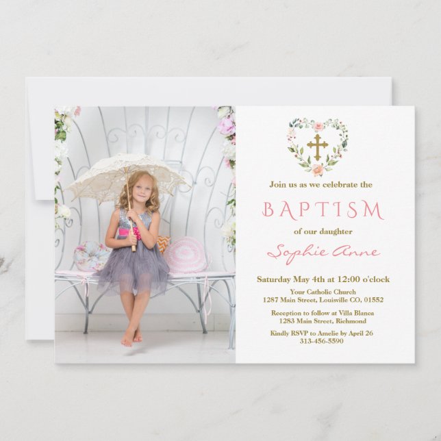 Charming Guld Kor Blommigt Girl Photo Baptism Inbjudningar (Framsida)