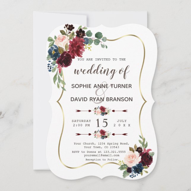 Charming Guld Merlot Navy Blue Blommigt Bröllop Inbjudningar (Framsida)