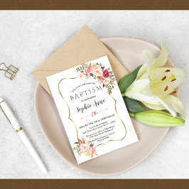 Charming Guld Ram  Rosa Blommigt Baptism Inbjudningar