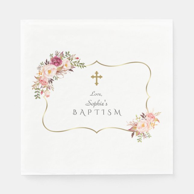 Charming Guld Ram  Rosa Blommigt Baptism Pappersservett (Framsidan)