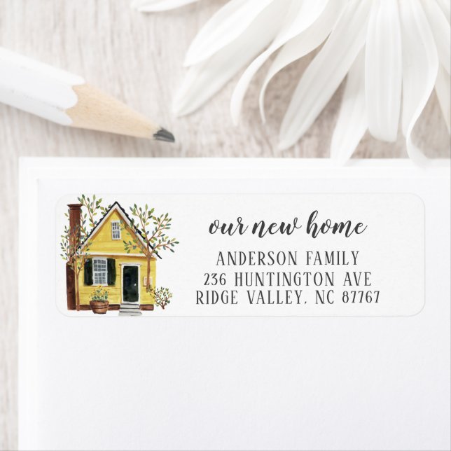 Charming Gult House New Home Address Label Returadress Etikett (Insitu)