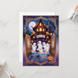 Charming Halloween Cat and Pumpkin House Kort