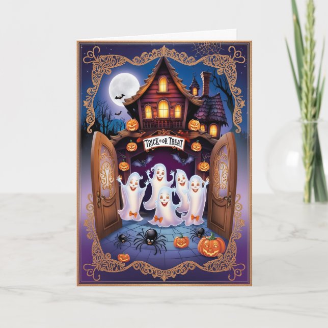 Charming Halloween Cat and Pumpkin House Kort (Framsida)