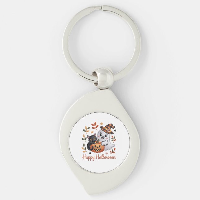 Charming Halloween-hälsningskort - Handritad Embr Swirl Silverfärgad Nyckelring (Framsidan)