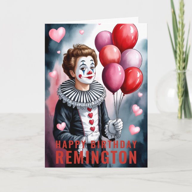 Charming Heart-Themed Pierrot Clown Birthday Kort (Framsida)