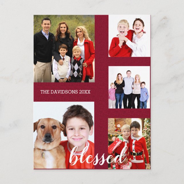 Charming Helgdag Family Photo Collage Monogram Helg Vykort (Framsida)
