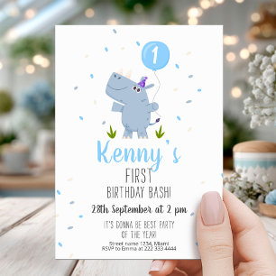 Charming Hippo Blue Balloon 1:a födelsedagen Inbjudningar