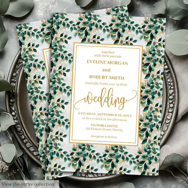 Charming Hunter Grönt Guld Eucalyptus Bröllop Inbjudningar (Charming Hunter Green Gold Eucalyptus Wedding Invitation)