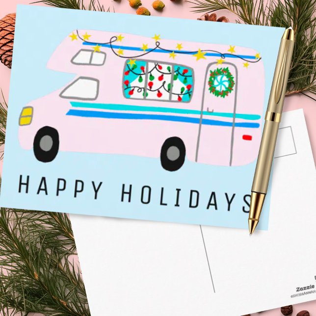 Charming jul Camper Vintage RV Julafton Vykort (Custom holiday postcard with cute christmas camper)