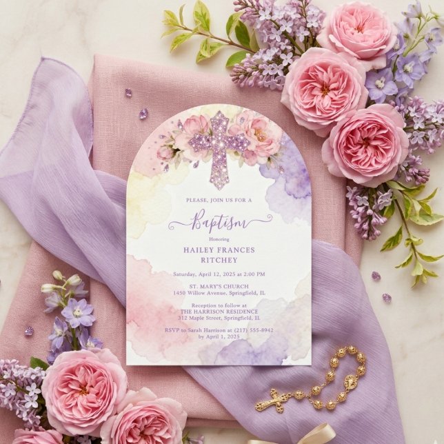 Charming Lavender Glitter Floral Cross Baptism Inbjudningar (Charming Lavender Glitter Floral Cross Christian Baptism Invitation Card Design.)