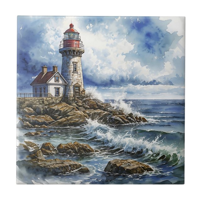 Charming Lighthouse med Vågar Kakelplatta (Framsidan)