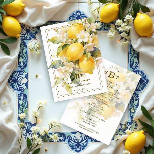 Charming Mediterranean Botanical Floral Lemons Inbjudningar (Charming Romantic Mediterranean Botanical Floral Lemons Branch Composition Wedding Invitation Cards )