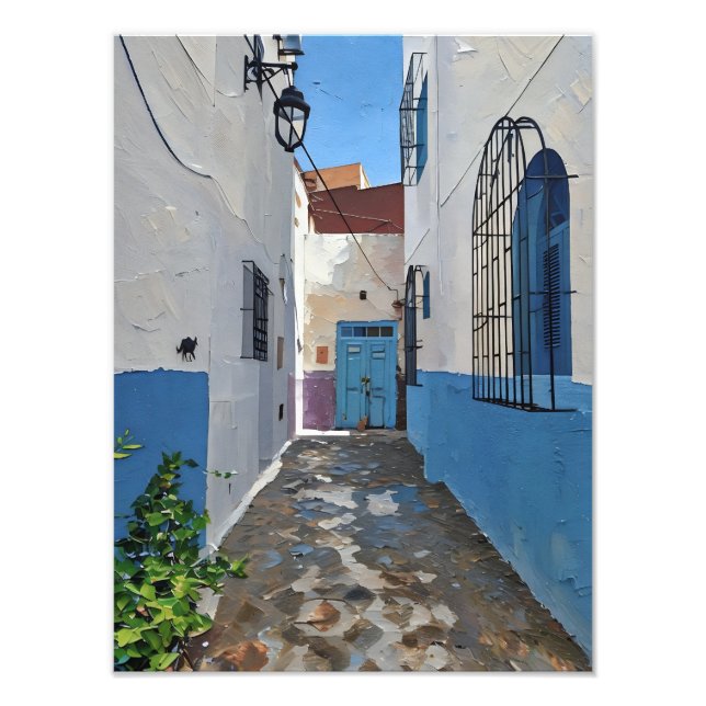 Charming Mediterranean Street with Blue Walls Fototryck (Framsidan)