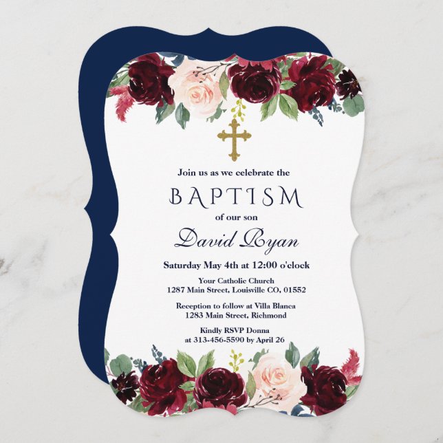 Charming Merlot Navy Blue Blommigt Baptism Inbjudningar (Fram/baksida)