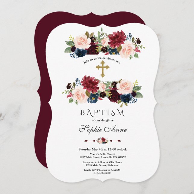 Charming Merlot Navy Blue Blommigt Baptism Inbjudningar (Fram/baksida)