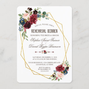 Charming Merlot Navy Blue Blommigt Rehearsal Dinne Inbjudningar