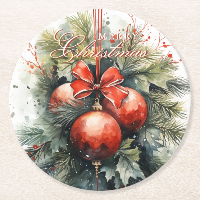 Charming Modern Watercolor jul Mistletoe Underlägg Papper Rund (Framsidan)