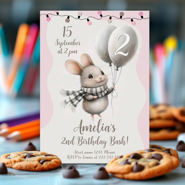 Charming Mouse Balloths 2:a födelsedag Party Inbjudningar (Skapare uppladdad)