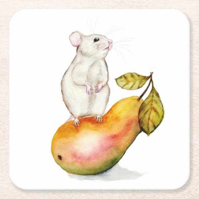 Charming Mouse on a Pear Underlägg Papper Kvadrat (Framsidan)